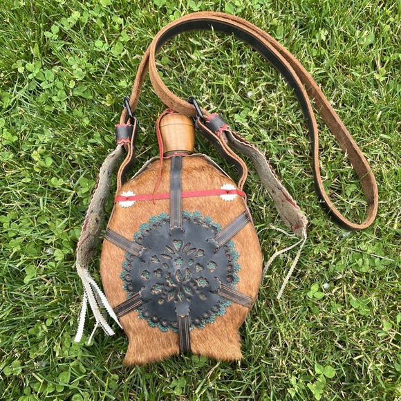 Other - Vintage Hungarian Horsehair Fur & Leather Wooden Canteen Handmade Folk Art